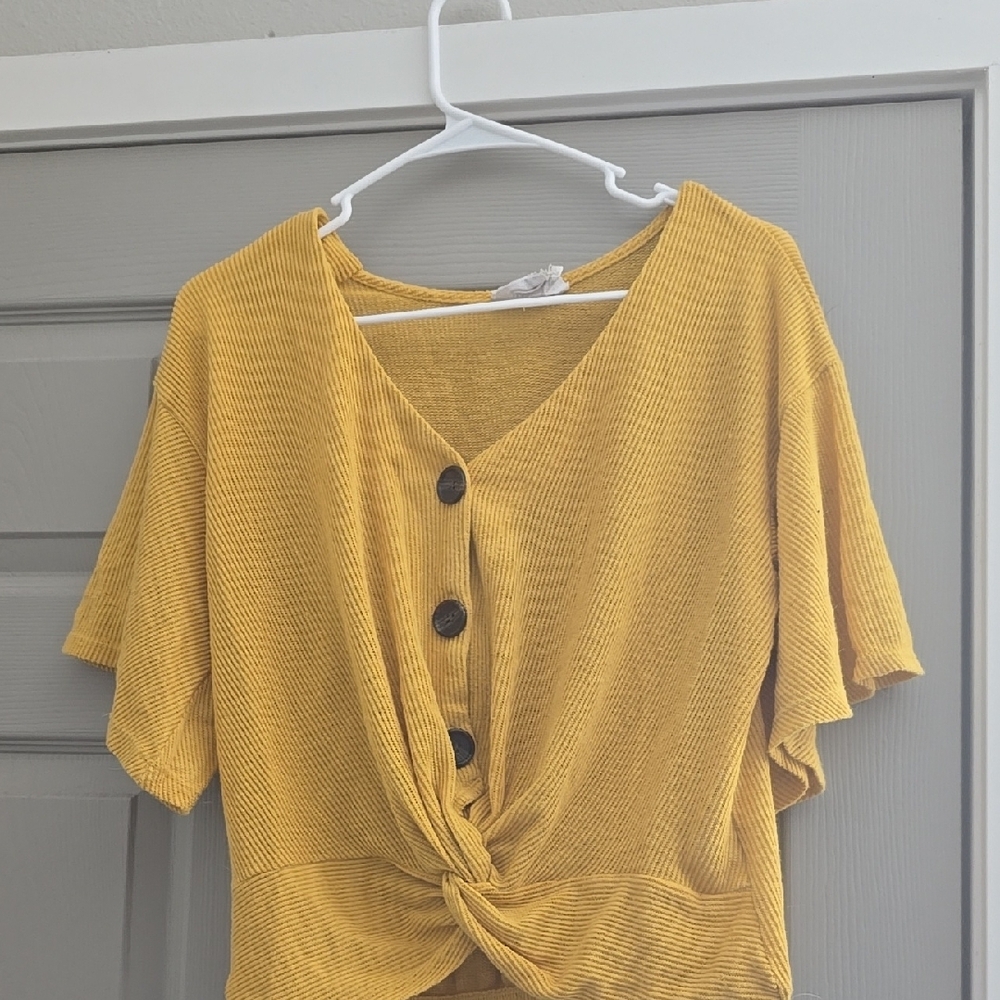 Yellow Button-Front Knotted Women's Top